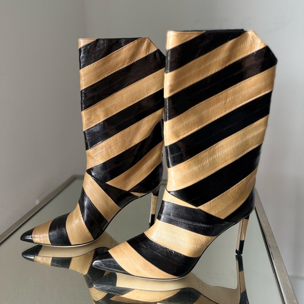 New Jimmy Choo Beren Boot Eel Skin Striped Black and Cognac $1,895 37.5 - Picture 6 of 12